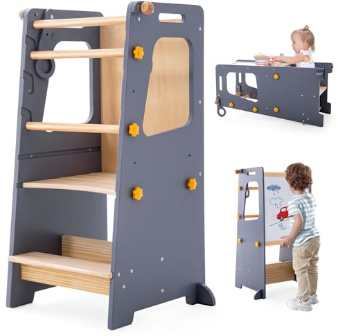Aokkto 4-in-1-Küchenturm für Kleinkinder, Kinder-Küchenhocker, Stehturm mit wandelbarem Tisch und Stuhl, Kleinkind-Tritthocker mit verstellbarer Höhe, Whiteboard und Sicherheitsschiene für Küche, Grau