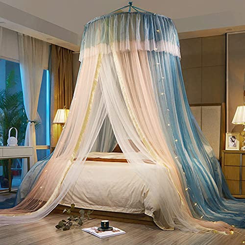 SETSCZY Prinzessin Baldachin Bett Vorhang Moskitonetz, Bett Baldachin Prinzessin Bett Vorhänge Spitze Kuppel Moskitonetz Doppelbett hängender Mückenschutz mit LED-Lichterkette für Mädchen,Blau