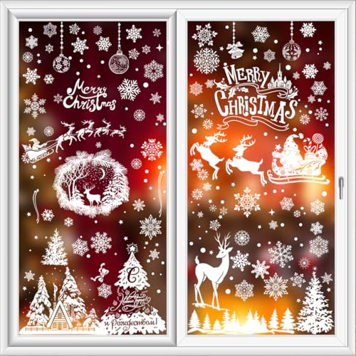 YIHELU Pegatinas de Navidad para Ventanas - Vinilo Decorativo con Reno y Santa Claus - Adhesivos Reutilizables para Cristal y Vidrio - Decoración Invernal de PVC para Escaparates y Puertas