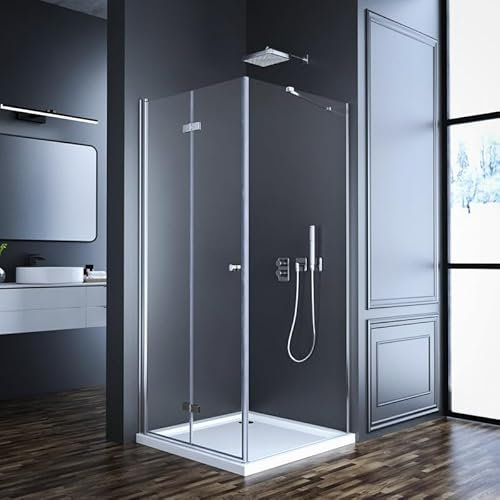 Eckeinstieg Duschkabine 80x80x185cm Falttür mit Seitenwand, Goezes Duschabtrennung 80x80cm Faltbar mit festem Seitenteil Duschwand mit 6mm ESG Sicherheitsglas, LINKS & RECHTS MONTIERBAR