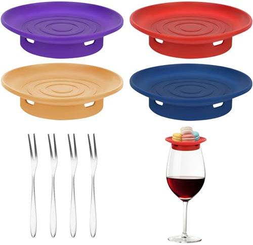 4 Stück Weinglas Charcuterie Topper Silikon mit 4 Stück Mini Gabel, Wine Glass Topper, Weinglas Topper Teller, Vorspeisenteller Weinglas Aufsatz, Runde Weinglas Topper Teller für Familienessen & Party