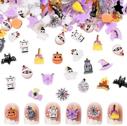 DWE Halloween Nail Art Charms, 100 Pcs Mixed (Witch Hat, Ghost, Pumpkin) Multi-colored B Resin Nail Charms