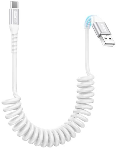 SUNGUY Cable USB C Espiral,【0.4M-1M】 Cable USB a USB C Carga Rapida para Android Auto, iPhone 16/15 Plus Pro, Galaxy S25 S24 S23 S22, Huawei, Google Pixel 8, MacBook, iPad Pro/Air-Blanco