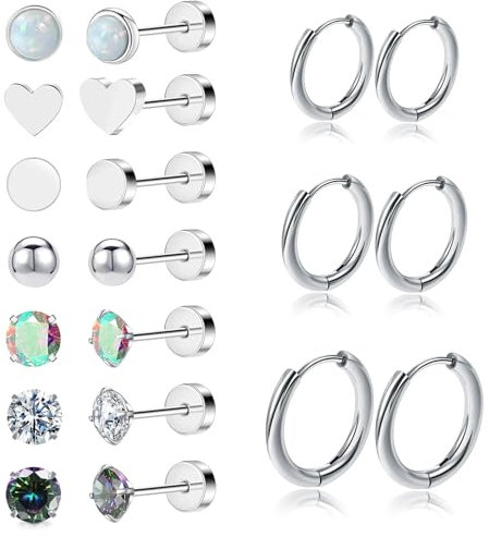 QMLING 10 Paar Ohrstecker Ohrringe Set für Herren und Damen, Zirkonia Flatback Ohrstecker, Hypoallergene Ohrringe Chirurgenstahl, Silberne Knorpelohrringe für Mehrere Ohrlöcher