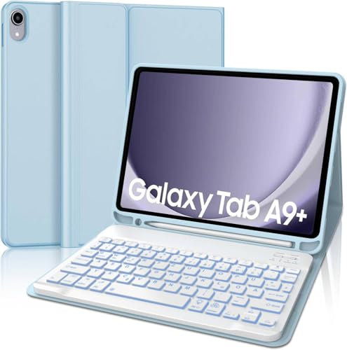 WINCHKING Funda con Teclado para Samsung Galaxy Tab A9+ 11 Pulgadas 2023, Bluetooth Magnético Funda Teclado para Samsung Galaxy TB A9 Plus, Retroiluminación de 7 Colores, QWERTY Español Ñ, Azul Cielo