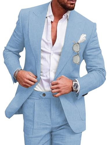 UNINUKOO Linen Suit for Men Summer Wedding Set of 2 Lace Lapels Casual Blazer Trousers Beach Wear for Men