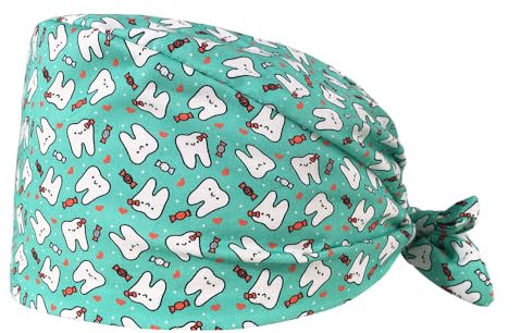 AELIN Calotta Chirurgica Dentista – Cuffia da Sala Operatoria – 100% Cotone – Unisex, Regolabile, con Fascia Assorbente – Motivo Dentale (Verde turchese)