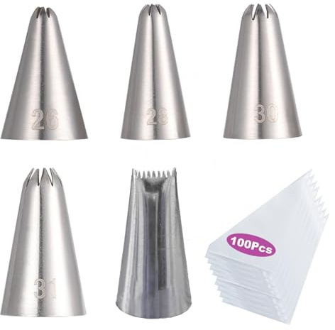 5PCS Mini Piping Nozzles Kit with 100 Pcs Disposable Piping Bags 9.8 Inch, Stainless Steel Piping Nozzle Tip, Piping Nozzle Cake Decorating Tools for for Baking, Cakes, DIY Cookies