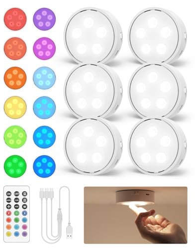 Illuminazione a LED per vetrine, ricaricabile, con controllo del rubinetto e telecomando, 13RGBW, dimmerabile, luci a LED, luci per armadi, illuminazione senza fili [6 pezzi]