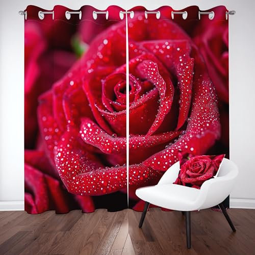 Pggong 3D Rose Blumen Wassertropfen Gardinen 2er Set, Blumenmuster Floral Vorhang mit Ösen, Verdunklungsvorhänge Romantische Thermovorhang für Schlafzimmer Wohnzimmer, H175 x B70 cm