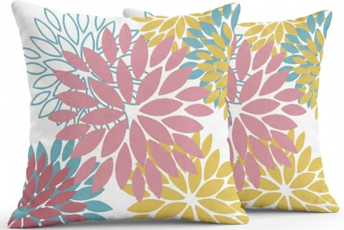 JANGYUHH Outdoor Kissenbezug 50x50 cm Modern Blumen Dekokissen Rosa Gelb Blau Dahlien Sofakissen Leinen Kissenbezüge Dekorative für Sofa Garten Wohnzimmer Bett Terrasse 2er Set