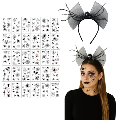 AWAWM Serre-tête Halloween Araignée avec 30 Tatouages Temporaires, Serre-Tête Araignée Réglable pour Enfants et Adultes, Accessoire de Costume Déguisement Halloween Femme Fête Carnaval
