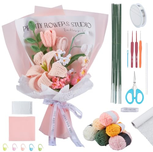 INFUNLY 12 Set Häkelblumenstrauß Kit Rosa Tulpe Handgefertigtes Häkelblumen Kit Weiße Lilie Gestrickte Blumen Herstellungsset mit Garn Häkelnadel Anleitungen für Frauen Hochzeit Abschluss Geburtstag