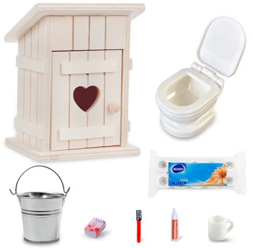 IWTBNOA Wichtel Toilette Set, 8 Stück Miniatur Wichtel Zubehör Badezimmer für Wichteltür Weihnachten, Puppenhaus Zubehör Set inkl. Miniatur Toilettenartikel, Toilettenhäuschen, Toilettenpapier, Eimer
