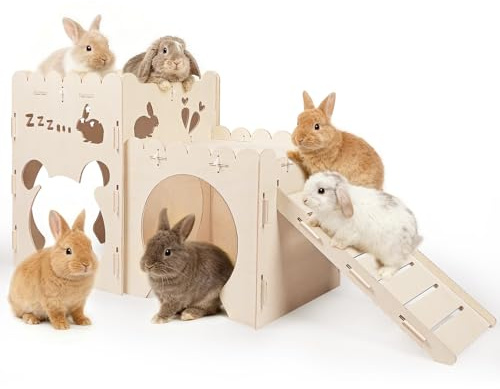 Großes Kaninchenversteck Hasenschloss Holz Hasenhaus Abnehmbares Hamsterversteck Indoor Meerschweinchen Schloss mit Rampe Kleintierhäuser & Lebensräume