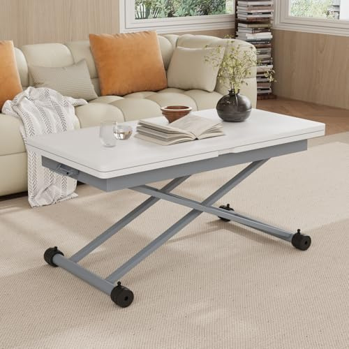 VOWNER Höhenverstellbarer Couchtisch, 3-in-1 Ausziehbarer Platzsparender Esstisch für Esszimmer, Drehbarer, Umwandelbar in Wohnzimmer-Esstisch, Wohnzimmer und mehr (Weiß mit Holzmaserung)