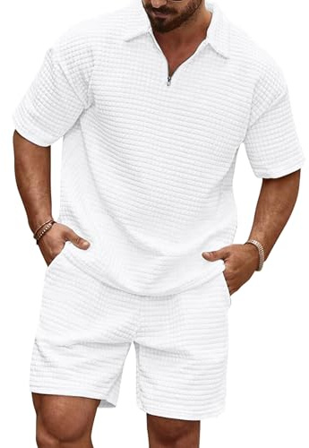 JMIERR Herren 2 Pcs Waffel Polosuit Outfit Polo Shirt und Short,Weiß 3XL