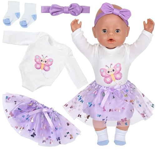 4 Teilig Lila Puppenkleider Kompatibel mit 36-43 cm New Born Baby Puppen, BabyPuppen Puppenkleidung Bestehend aus Tutu Rock Haarband Socken, Schmetterling Kleidung ür 14-17 Zoll Puppen