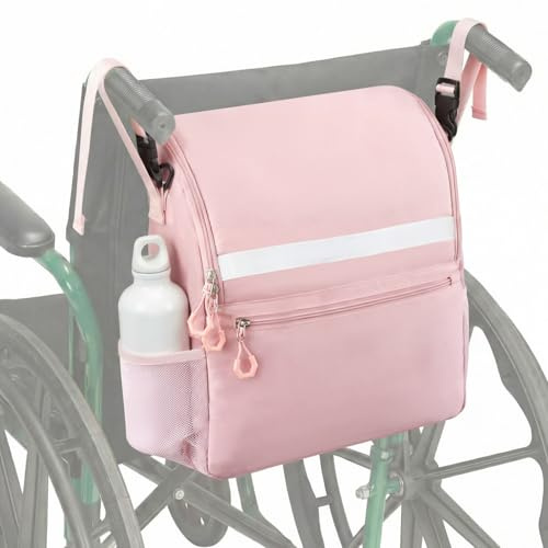 Abbylike Pink Wheelchair Bag, Women Wheelchair Backpack with Cup Holder, Electric Wheel Chair Accessories Waterproof Large Storage Walker Backpack to Hang on Back for Walker Rollator