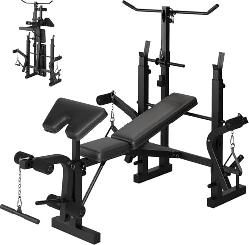 GarveeHome Multifunktionale Hantelbank Set, Klappbar Trainingsbank mit Langhantelständer Latzugturm Seilzug Latzug Butterfly Beinbeuger Training Bank für Fitness Zuhause