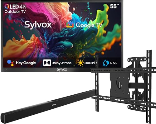 SYLVOX 55 Zoll Outdoor TV mit Wandhalterung & Soundbar, 4K UHD QLED Google Fernseher, 2000 Nits, Dolby Atmos, IP55 Wasserdicht TV für Garten, Terrasse, Pool &Gewerberäume(Pool Pro 2.0 QLED)