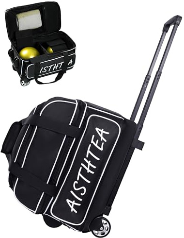 Aisthtea 2 Ball Bowling Bag with Wheels, Bowling Bags 2 Ball Roller - 1680D Reinforced Oxford, Bowling Ball Bag with Separate Shoe Compartment & Retractable Handle Extends to 40'' (Black and White)