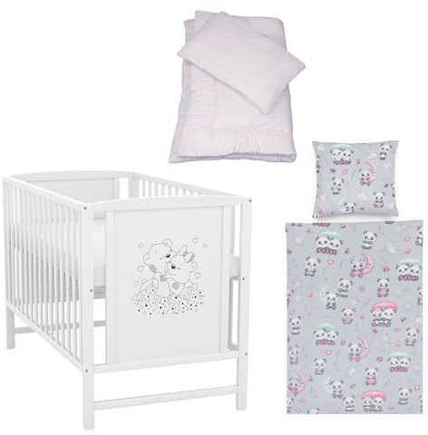 Generisch Baby-Delux Babybett 60x120 cm Mia Kinderbett Komplett Set weiß Matratze Bettwäsche (Panda)