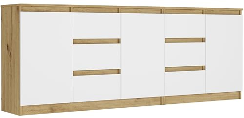 Framire Sideboard Artisan Eiche/Weiß 200x33x76 cm – XXL Kommode mit 6 Schubladen & 4 Türen, schmales Lowboard/TV-Schrank für Wohnzimmer, Schlafzimmer & Flur, Modern R-200-S6