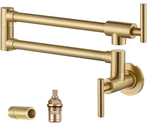 ZYCHSJXA Rubinetto da Parete per Piano Cottura, in Ottone, Pieghevole, con Doppio Braccio snodato (Oro Spazzolato)