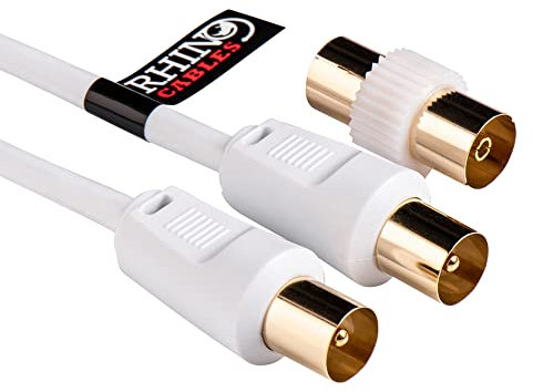 rhinocables Coaxial TV Aerial Cable with Gold-Plated Connectors | Male to Male RF Coax Lead with Female Adapter |Universally Compatible Fly Lead for HD/Standard TVs & Satellite Receivers (1.8m,White)