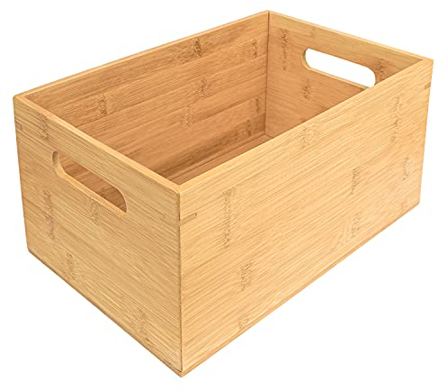 Kurtzy Caisse de Rangement en Bambou avec Poignées - L30 x l20 x H13,8 cm - Rangement Cuisine et Rangement Salle de Bain - Caisse en Bois Vintage Empilable pour Cellier, Armoire et Étagère