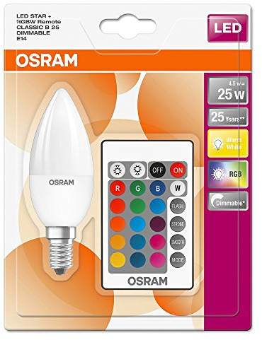 Osram LED Lampada Star + Classic B RGBW, a Forma di Candela con Attacco E14, Dimmerabile e Controllo del Colore tramite Telecomando, Sostituisce 25 watt, Bianco Caldo, 2700 Kelvin, Confezione da 1