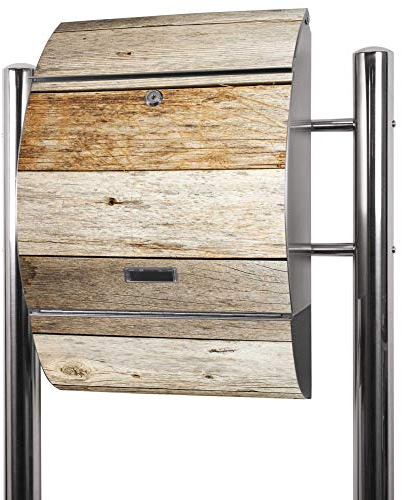banjado® Standbriefkasten Edelstahl mit Zeitungsfach Motiv Graues Holz/Briefkasten mit Standfuß/Edelstahl Briefkasten freistehend - A4 Einwurf inkl. 2 Schlüssel