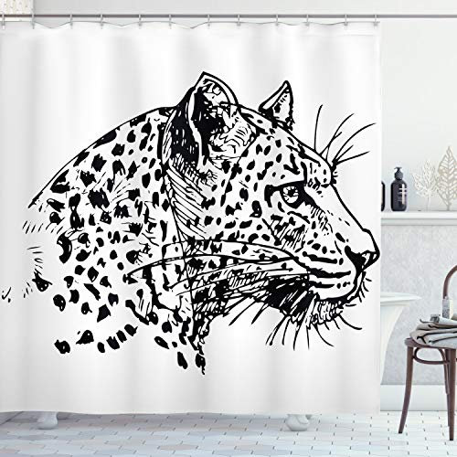 ABAKUHAUS Vague Rideau de Douche, Faune Jaguar Sketch, Tissu Ensemble de Décor de Salle de Bain avec Crochets, 175 cm x 240 cm, Noir Blanc