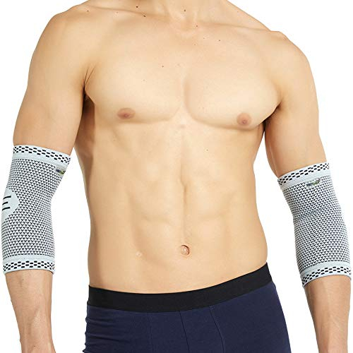 NEOtech Care Ellenbogenbandage - Bambusfaser & 3D-Strickgewebe - elastisch & atmungsaktiv - für Golf, Tennis, Sport - rechter oder linker Arm (Grau, 1 Paar, Größe S)
