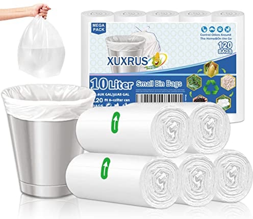 XUXRUS 10 Liter Bin Bags Small Pedal Bin Liners, 120 Count Waste Bags Strong Rubbish Bags for Bathroom, Home, Kitchen (White)
