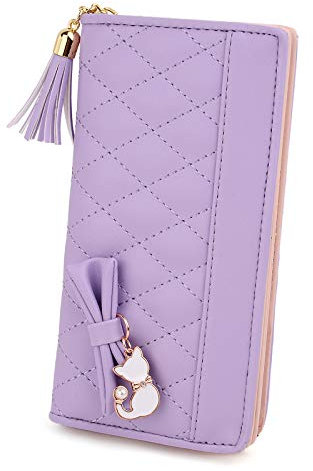 UTO Portafoglio Gatto Nuovo lungo piegatura per Donna Grande capacità con Gatto pendente e Fiocco, Portamonete Pelle sintetica Adatto per cellulare Viola chiraro