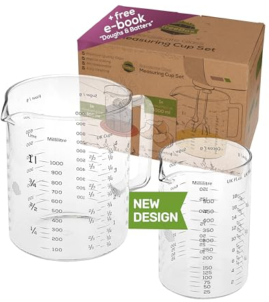 TreeBox Glass Measuring Jugs - Set of 2 with 1 Liter & 500ml Measuring Cups - Heat Resistant Borosilicate Glass - Microwave Safe