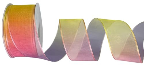 XMRIBBON Regenbogenfarbenes transparentes Organzaband mit Drahtkante, 3,81 cm × 22,86 m, ideal für Blumen- und Basteldekorationen