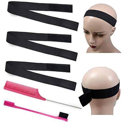 3 Pack Elastic Bands for Wigs Edges with 2 Pack Hair Edge Brush, Windspeed Adjustable Elastic Bands with Hook and Loop Strap