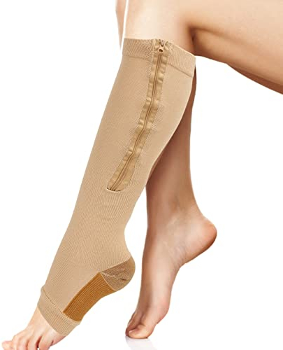 Kompressionssocken mit Reißverschluss Weiches Nylon Waschbar Wiederverwendbar Offene Zehen Beinformungssocken für Damen und Herren Hohe Elastische Wadenkompressionsstrümpfe(L XL Hautfarbe)