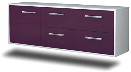 Lqliving TV-Board Lowboard Denver, Wandmontiert, Korpus in Weiss matt, Front im trendigem Lila (136x47x35cm), mit Metall Griffen, Made in Germany