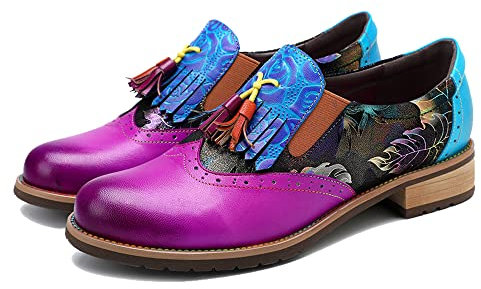 Damen handgefertigte Lammfell Oxford Loafers Schuhe mit Retro Ethno Printed Style Brock Design für Casual und Fashion Collegiate Style, Quasten: Violett und Blätter, 38 EU