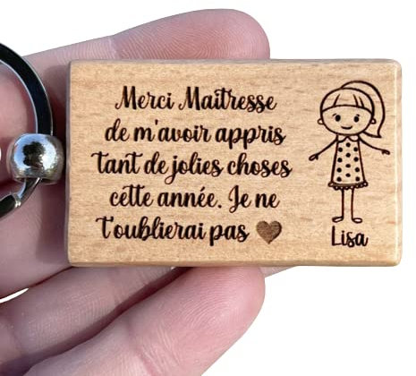 Cadeau maitresse d'école personnalisé pour la fin d'année, porte clés maîtresse ou maitre d'école, porte clé en bois personnalisé avec le prénom et une figurine de l'enfant