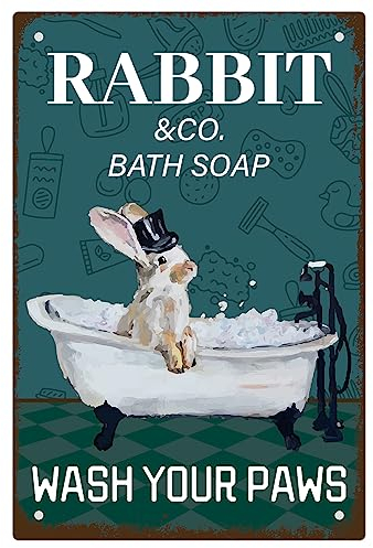 CREATCABIN Cartel de Metal con Diseño de Conejo, de Baño, Lava Tus Patas, Carteles de Garaje, Póster Vintage, Decoración de Pared, Accesorios para el Hogar, Póster de Pared, Bar, Pub, Patio 20 x 30 cm