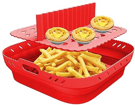 Air Fryer Liner with Divider Pad, Square Silicone Air Fryer Liner, Food Safe Non Stick Air Fryers Basket Oven Accessories, Reusable Replacement of Flammable Parchment Liner Paper