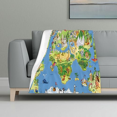 Gearsly Coperta in flanella, con mappa del mondo con animali e mappamondo, coperta in pile leggero, morbido e caldo, 81 x 122 cm, per decorare la casa, divano, letto, culla, sedie, 81 x 122 cm