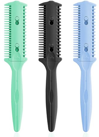 Soft 'N Style 3 Pack Double-Sided Hair Trimmer Comb - Split Ends Razor Styler for Thin and Thick Hair Cutting and Styling (Green, Black, Blue)