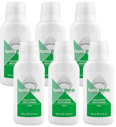Betadent KIT 6 COLLUTORIO TOTAL Azione totale contro placca, tartaro, carie, alito cattivo, infiammazione gengivale. Ingredienti naturali, massima efficacia, alito fresco. 6x250ml