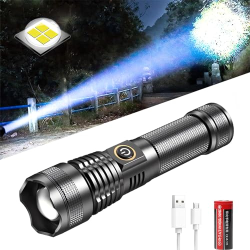 XLENTGEN Linternas LED Alta Potencia 200000 Lúmenes Linterna LED Recargable con Batería de 7200 mAh, 5 Modos Linterna Táctica Impermeable para Camping, Senderismo, Emergencia